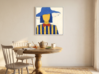 Lady in a Cobalt Hat Wall Art — Original Palette-Knife Oil, Cobalt & Yellow — original hand-painted oil shown on the wall in a styled room