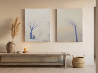 Mirrored Bare Trees — Set of 2 Original Oils, Periwinkle Mist — original hand-painted oil shown on the wall in a styled room