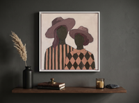 Two Ladies in Floppy Hats Wall Art — Original Palette-Knife Oil, Mauve & Rose — original hand-painted oil shown on the wall in a styled room