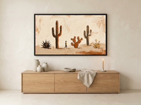 Desert Cacti Row Wide Wall Art — Original Palette-Knife Oil, Chocolate & Rust — original hand-painted oil shown on the wall in a styled room