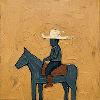 Original oil painting of a cowboy in a cream hat on a slate-navy horse with a rust saddle, on a golden ochre ground with palette-knife texture