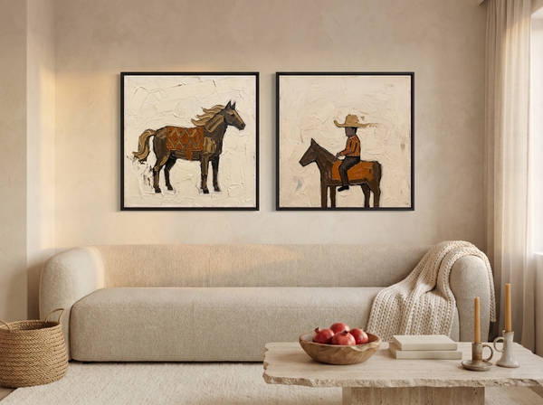 Standing Horse & Small Rider — Set of 2 Original Oils, Chocolate & Rust