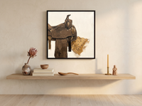 Western Saddle Still Life Wall Art — Original Palette-Knife Oil, Brown & Tan — original hand-painted oil shown on the wall in a styled room