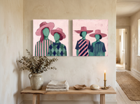 Women in Hats, Two Pairs — Set of 2 Original Oils, Blush & Emerald — original hand-painted oil shown on the wall in a styled room