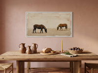 Two Grazing Horses Wide Wall Art — Original Palette-Knife Oil, Chocolate & Cream — original hand-painted oil shown on the wall in a styled room