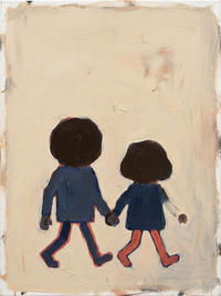 Oil painting of a man and woman in indigo-blue coats walking hand in hand, shoulders almost touching, on a warm cream ground.