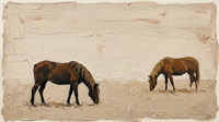 Original wide oil painting of two chocolate-brown horses grazing head-down across a pale cream pasture, heavy palette-knife texture