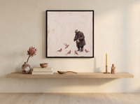 Old Man Feeding Pigeons Wall Art — Original Palette-Knife Oil, Wine & Cream — original hand-painted oil shown on the wall in a styled room