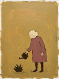 Oil painting of a figure in a clay-rose dress cradling a pale lamb to the chest, on a mustard-gold ground.