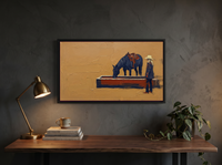 Cowgirl and Horse at the Trough Wide Wall Art — Original Palette-Knife Oil, Navy & Vermilion — original hand-painted oil shown on the wall in a styled room