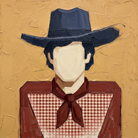 Original oil painting of a faceless cowboy in a structured navy hat with a red neckerchief over a red and white gingham shirt, on a golden ochre ground