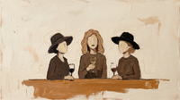 Original wide oil painting of three women with blank pale faces in black hats and brown tops raising red wine at a long table on a cream ground
