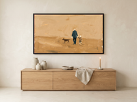 Father, Child and Dog Walking Wide Wall Art — Original Oil Landscape, Golden Ochre & Navy — original hand-painted oil shown on the wall in a styled room