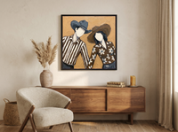 Dancing Couple Wall Art — Original Palette-Knife Oil, Slate & Ochre — original hand-painted oil shown on the wall in a styled room
