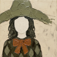 Oil painting of a faceless woman in an olive-green floppy hat with long dark hair, a cream face, a burnt-sienna bow and a dark olive harlequin shirt, on a cream ground.