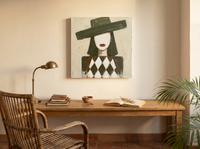 Woman in a Wide Hat Wall Art — Original Palette-Knife Oil, Olive & Cream — original hand-painted oil shown on the wall in a styled room
