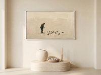 Man Feeding Pigeons Wide Wall Art — Original Oil Landscape, Dark Olive & Slate — original hand-painted oil shown on the wall in a styled room