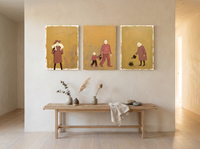 Quiet Tending Triptych — 3 Original Oils, Clay-Rose & Mustard — original hand-painted oil shown on the wall in a styled room
