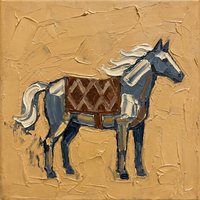 Oil painting of a slate blue-grey horse in profile with a brown diamond-patterned saddle blanket, cream along the mane and tail, on a golden ochre ground.