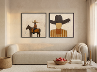 Rider & Cowboy — Set of 2 Original Oils, Chocolate & Rust — original hand-painted oil shown on the wall in a styled room