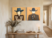 Cowboy Pair, Gingham & Floral — Set of 2 Original Oils, Ochre & Slate Blue — original hand-painted oil shown on the wall in a styled room