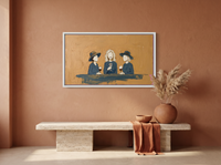 Three Women with Wine Wide Wall Art — Original Palette-Knife Oil, Ochre & Teal-Blue — original hand-painted oil shown on the wall in a styled room