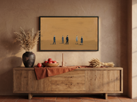 Five Walkers Wide Wall Art — Original Oil Landscape, Golden Ochre & Navy — original hand-painted oil shown on the wall in a styled room