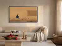 Pigeon Feeder at Dawn Wide Wall Art — Original Oil, Golden Ochre & Navy — original hand-painted oil shown on the wall in a styled room