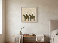 Two Riders on Horseback Wall Art — Original Palette-Knife Oil, Olive & Rust — original hand-painted oil shown on the wall in a styled room