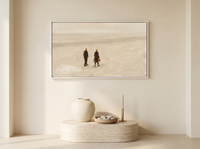 Two Figures on a Beach Wide Wall Art — Original Oil, Warm Tan & Cream — original hand-painted oil shown on the wall in a styled room