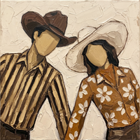 Original oil painting of a faceless couple mid-dance, a man in a brown hat and striped shirt leaning toward a woman in a pale hat and caramel daisy shirt, on a cream ground