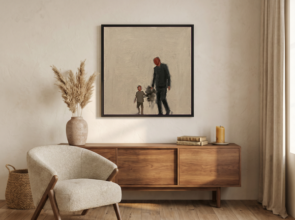 Father & Child Walking Wall Art — Original Palette-Knife Oil, Olive & Oxblood