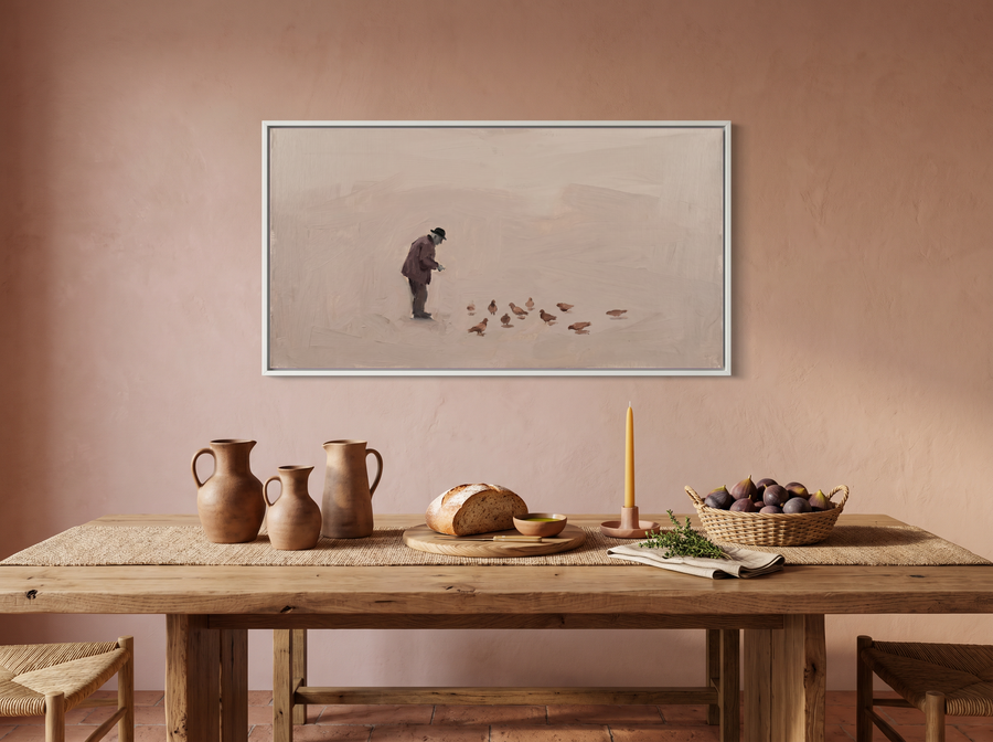 Man Feeding Pigeons Wide Wall Art — Original Oil Landscape, Mauve & Charcoal
