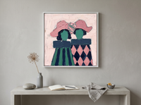 Two Ladies in Hats Wall Art — Original Palette-Knife Oil, Rose & Emerald — original hand-painted oil shown on the wall in a styled room