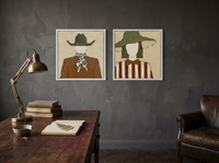 Cowboy & Wide-Brim Lady — Set of 2 Original Oils, Olive & Rust — original hand-painted oil shown on the wall in a styled room