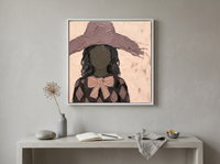 Lady in a Floppy Hat Wall Art — Original Palette-Knife Oil, Mauve & Charcoal — original hand-painted oil shown on the wall in a styled room