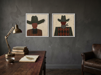 Cowboy, Front and Back — Set of 2 Original Oils, Olive & Oxblood — original hand-painted oil shown on the wall in a styled room