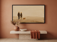 Couple Walking a Dog Wide Wall Art — Original Palette-Knife Oil, Chocolate & Tan — original hand-painted oil shown on the wall in a styled room