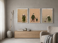 Quiet Tending Triptych — 3 Original Oils, Moss & Clay — original hand-painted oil shown on the wall in a styled room