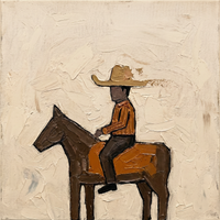 Original oil painting of a cowboy in a tan wide-brim hat on a brown horse with a rust striped shirt, on a cream ground with palette-knife texture