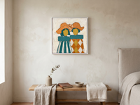 Two Ladies in Hats Wall Art — Original Palette-Knife Oil, Orange & Teal — original hand-painted oil shown on the wall in a styled room