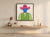 Cowboy in a Vest Wall Art — Original Palette-Knife Oil, Raspberry & Lime — original hand-painted oil shown on the wall in a styled room