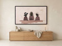 Three Women with Wine Wide Wall Art — Original Palette-Knife Oil, Mauve & Plum — original hand-painted oil shown on the wall in a styled room