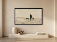 Father, Child and Dog Walking Wide Wall Art — Original Oil Landscape, Dark Olive & Oxblood — original hand-painted oil shown on the wall in a styled room