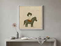 Child on a Pony Wall Art — Original Palette-Knife Oil, Olive & Rust — original hand-painted oil shown on the wall in a styled room