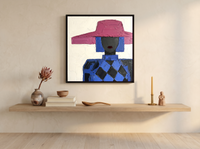 Lady in a Magenta Hat Wall Art — Original Palette-Knife Oil, Magenta & Cobalt — original hand-painted oil shown on the wall in a styled room