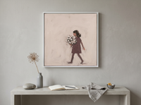 Girl with a Bouquet Wall Art — Original Palette-Knife Oil, Mauve & Cream — original hand-painted oil shown on the wall in a styled room