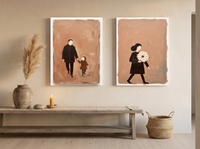 Father & Child with Woman & Bouquet — Set of 2 Original Oils, Espresso & Terracotta — original hand-painted oil shown on the wall in a styled room