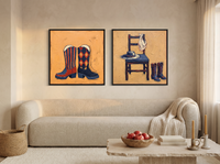 Cowboy Boots & Hat — Set of 2 Original Oils, Navy & Vermilion — original hand-painted oil shown on the wall in a styled room