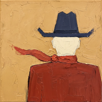 Palette-knife oil of a front-facing cowboy in a navy hat and vermilion vest over a red-pinstriped shirt with a red-and-white polka-dot bandana, on a mustard ground.